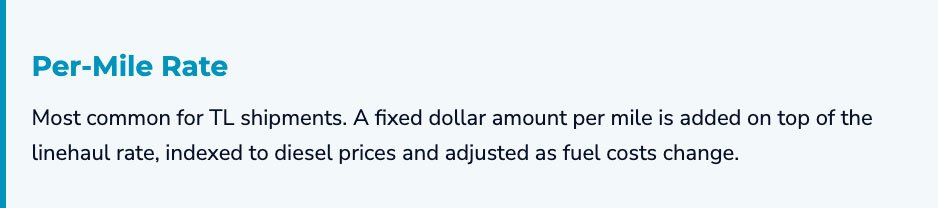 Text explaining the per-mile rate for TL shipments, noting it is a fixed dollar amount per mile added to the linehaul rate and adjusted for diesel prices and fuel cost changes. Traffic Consultants, Inc. (TCI)