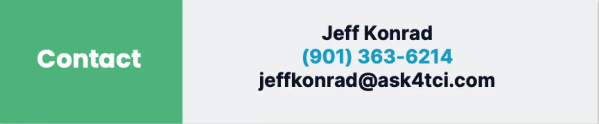 Contact information for Jeff Konrad: phone number (901) 363-6214 and email jeffkonrad@ask4tci.com displayed on a simple background. Traffic Consultants, Inc. (TCI)