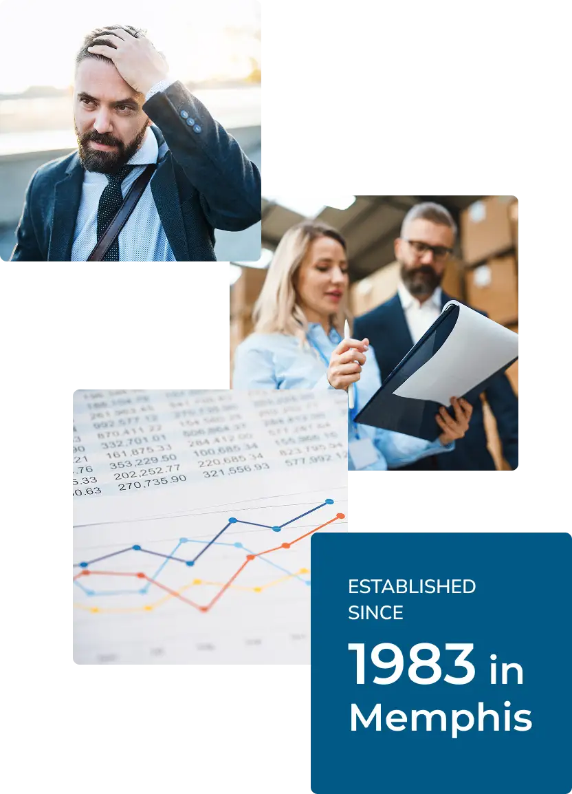 Three business professionals reviewing documents and a financial chart, with text stating "Established since 1983 in Memphis. Traffic Consultants, Inc. (TCI)