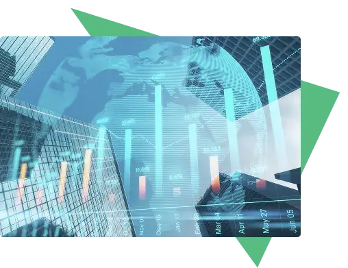 Digital illustration of financial graphs and bar charts overlaid on a world map and buildings, representing global financial analysis and data trends. Traffic Consultants, Inc. (TCI)