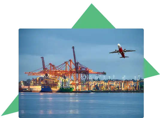 A cargo ship at a busy port with cranes, while a commercial airplane takes off in the background under a cloudy sky. Traffic Consultants, Inc. (TCI)